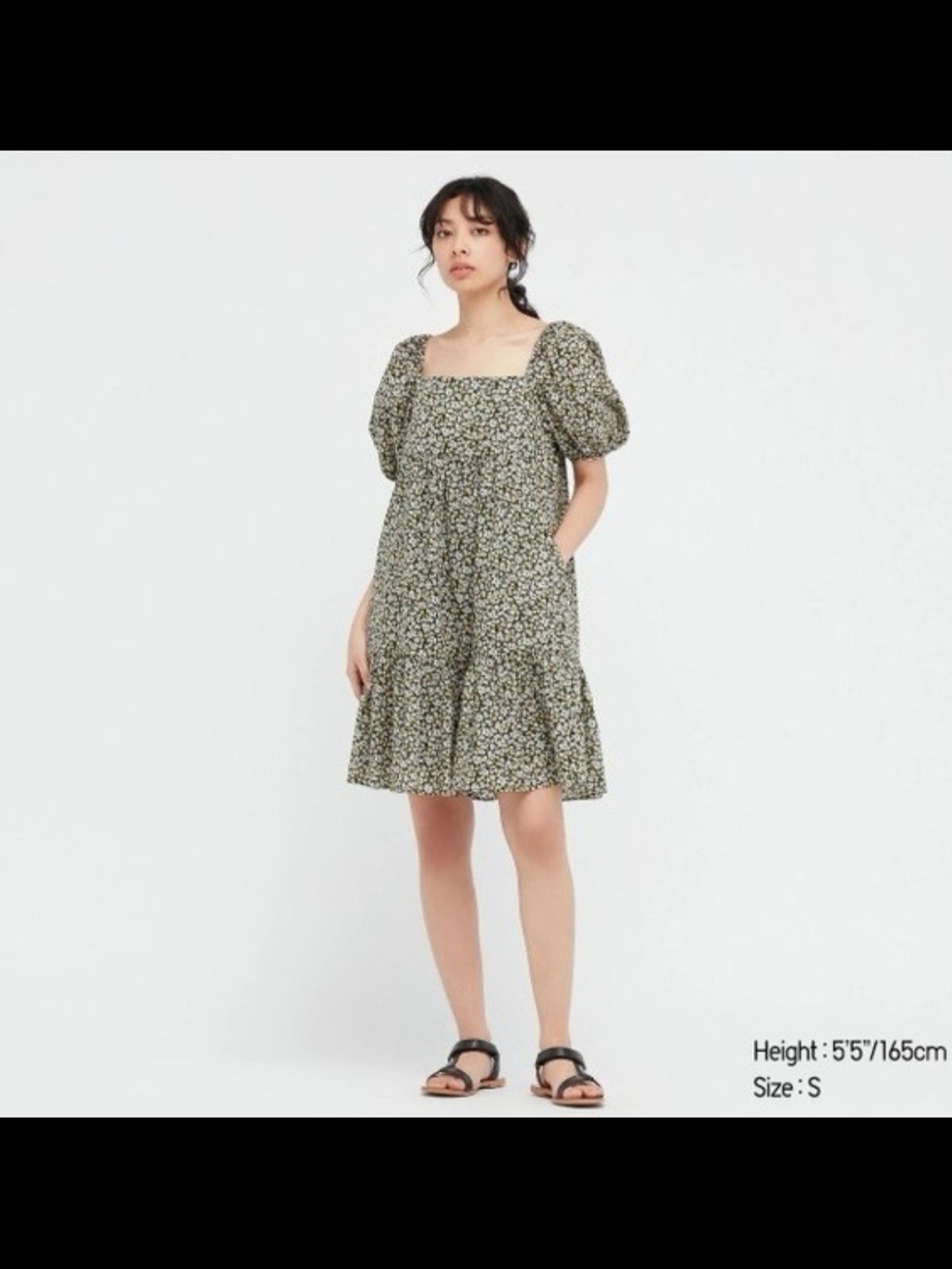 Uniqlo Olive Green Floral Square-Neck Puff Sleeve Mini Dress